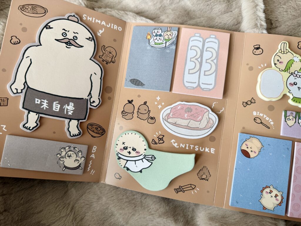 料理モチーフやキャラの大きめの付箋が並んだセットの写真。