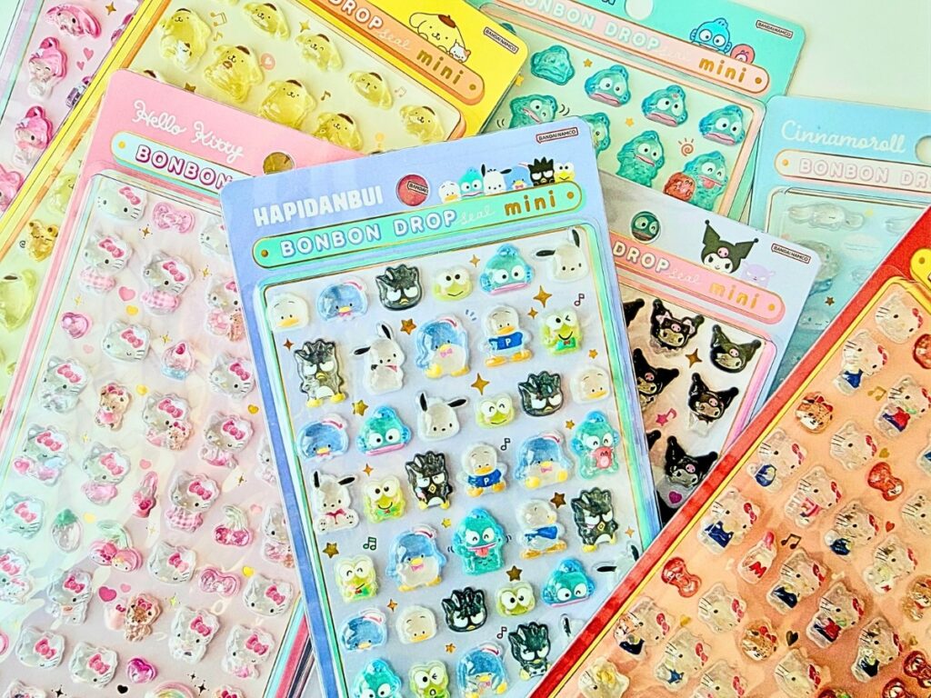Bonbon Drop Stickers featuring Sanrio characters, glossy and puffy Japanese collectible stickers
